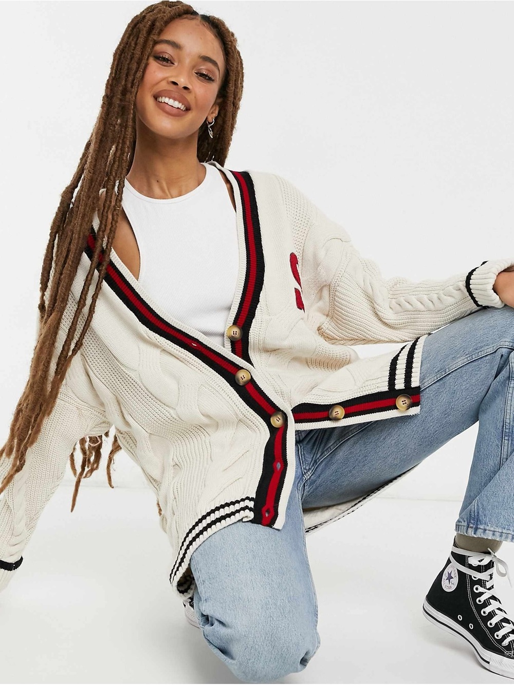 Stradivarius Oversize Varsity Cardigan with Stripes Small